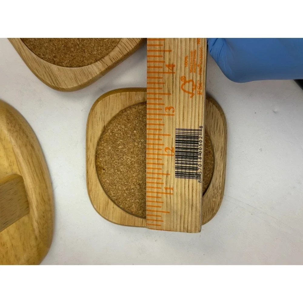 Wooden Coaster Set with Holder 6 Piece‎ Square Cork Inlay Storage Location B-2
